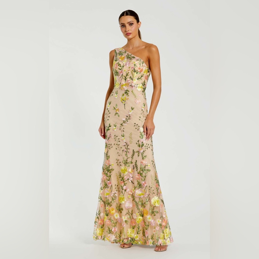 Mac Duggal 68606 Size 14 Pink Yellow Nude Lace Floral Embroidered Gown Dress